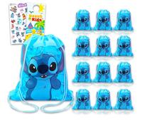 Disney Stitch Party Favor Bags Set - Paquete con 12 bolsas de cordón de puntada para niños más calcomanías, más suministros para fiestas de cumpleaños