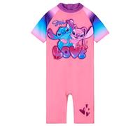 Disney Stitch Pieza Única Traje de Baño para Niñas con Mangas Cortas - Regalo (Rosa Stitch/Ángel, 9-10 años)