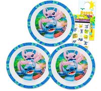 Disney Stitch - Platos de vajilla de 3 unidades, paquete con 3 platos de plástico Stitch and Angel para niños más calcomanías, más vajilla para niñas, niños pequeños
