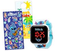 Disney Stitch - Reloj digital LCD para niñas con correas de dibujos animados azules y calcomanías, más | Reloj de pulsera Lilo y Stitch fácil de leer para niños