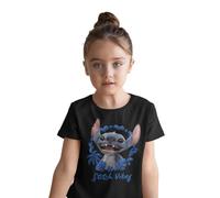 Disney Stitch Stitch Vibes Girls T-Shirt - Tropical Graphic tee with Blue Floral Frame & Happy Alien Character - Playful Hawaiian Cartoon Style, Negro, 12 Años