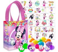 Disney Suministros de caza de huevos de Pascua de Minnie Mouse, paquete con 12 huevos de Pascua de plástico rellenables, 70 tatuajes, más de 45 tatuajes de primavera, mini bolsa de cesta | Juego de