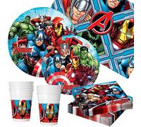 Disney - Vajilla Avengers infantil, Decoración cumpleaños Avengers, 16 comensales, Platos superhéroes cumpleaños, desechables, 89 piezas (vasos, platos, servilletas, mantel), cumpleaños, bautizos, comuniones (71992)