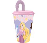 Disney - Vaso rosa y lila para niñas de plástico Princesas hermosas Cenicienta Rapunzel 430 ml con pajita y tapa flexible