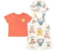 Disney Winnie the Pooh Newborn Baby Boys Short Overalls French Terry T-Shirt and Hat 3 Piece Outfit Set 3-6 Months