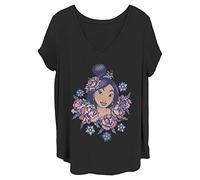 Disney Women's Princesses Floral Mulan Junior's Plus Short Sleeve Tee Shirt, Black, 3X