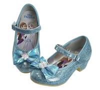 Disney Zapatos para niñas Mary Jane con correa plana con lazo, disfraz de princesa, disfraz de flor, escuela, fiesta, zapatos planos, sin cordones, para niños pequeños, Azul Frozen, 28 EU