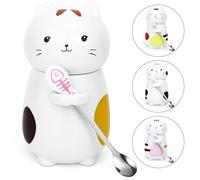 Disoza Taza de gato con tapa, taza de café 3D, 400 ml, decoración de gatos, taza de té de cerámica con cuchara, té, café, Navidad, regalo de cumpleaños para mujeres, novia, hombres, hermano, amigo