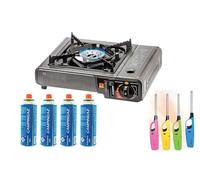 DISPAU Camping Gas Portatil con Bombonas, GAS 4 BOTELLAS +MALETÍN ESTUFA CAMPING +1 MECHERO DE COCINA, MALETÍN ESTUFA CAMPING, Portátil, Cocinal, Infernillo, Fogareiro