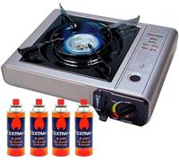 DISPAU COCINA PORTÁTIL DOBLE + QUEMADOR GAS 4 BOTELLAS MALETÍN ESTUFA CAMPING Hornillo de Gas Individual & Cartuchos de Gas Butano 227g - Compatible con Cocinas Portátiles y Sopletes