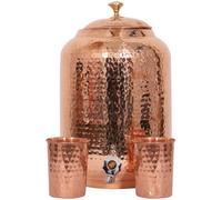 Dispensador de agua de cobre puro, 8 L, acabado martillado, olla ayurveda curación de la salud, tanque de agua de 8 litros de capacidad de almacenamiento con 2 vasos a juego y 1 botella de cobre