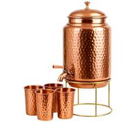 Dispensador de agua martillada de cobre puro, tanque de agua con grifo y juego de 4 vasos de cobre, recipiente de agua, tanque de almacenamiento de agua de cobre, capacidad de 6.5 litros, 222 onzas