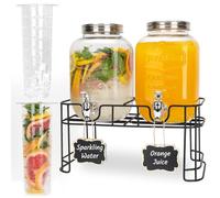 Dispensador de bebidas de cristal para fiestas, paquete de 2 unidades, 1 litro, con soporte y grifo, 100% a prueba de fugas, dispensador de limonada con cilindro de hielo y pizarra