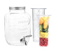 Navaris Dispensador de Bebidas con Grifo - Recipiente de Cristal de 4 L - Bidón de Vidrio con dosificador de Metal - Garrafa de Agua con 2X Filtro