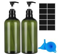 Dispensador de botellas de bomba, 2 botellas vacías recargables de 1000 ml, dispensadores de botellas vacías de plástico recargables con embudo y etiqueta para lociones, champú, acondicionador, verde