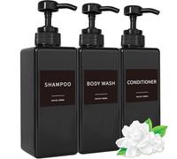 Dispensador de champú y acondicionador, Botellas de plástico Recargables con Etiquetas Impermeables, Juego de Botes de jabón Corporal vacío para baño y Ducha (Negro, Juego de 3, 500 ml)