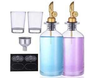 Dispensador de enjuague bucal de | Botella de vidrio para enjuague bucal de 12 oz con boquilla de acero inoxidable, embudo, etiquetas, tazas, dispensador de enjuague bucal para aceites