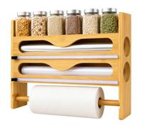 Dispensador de film transparente 4 en 1 con cúter, cortador de láminas de madera con soporte para rollos de cocina, botellas de especias, papel de aluminio y papel encerado