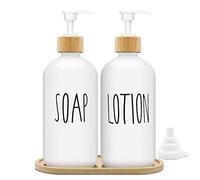 Dispensador de Jabón Blanco Mate Set 500ml Dosificador Jabon Baño de Vidrio con Bandeja Dispensador de Líquido para Lavavajillas Dispensador de Jabón para Cocina y Ducha (Blanco + Blanco)