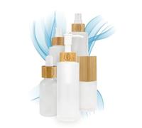 Dispensador de jabón de cristal mate, 100 ml, para rellenar, 3 unidades, dispensador vacío con cierre de bambú y grabado para jabón líquido, detergente, champú, cosmética natural