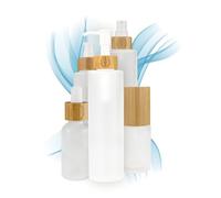 Dispensador de jabón de cristal mate, 150 ml, para rellenar, 2 unidades, dispensador vacío con cierre de bambú y grabado para jabón líquido, detergente, champú, cosmética natural