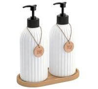 Dispensador de jabón de Manos para baño 2 Unidades 500ml, Juego dispensador de jabón de Platos para Fregadero de Cocina con Bomba de bambú y Bandeja de jabón,dosificador de Madera (Blanco 2)