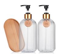 Dispensador de jabón de Manos para baño 2 Unidades 500ml, Juego dispensador de jabón de Platos para Fregadero de Cocina con Bomba de bambú y Bandeja de jabón,dosificador de Madera (Transparente)