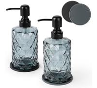 Dispensador de Jabón Negro, GIOVARA Juego de Dispensador de Jabón de Cristal 2 * 330ml Dispensador de Bomba de Acero Inoxidable para Jabón Líquido, 2 Posavasos, Juego de Dispensador