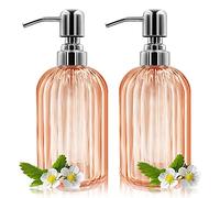 Dispensador de Jabón, Paquete de 2 Ddispensadores de Jabón de Vidrio de 14 oz con Bomba de Acero Inoxidable, Dispensador Premium para Encimera de Cocina de Baño (Naranja Ámbar)