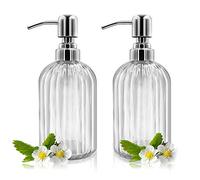 Dispensador de Jabón, Paquete de 2 Dispensadores de Jabón de Vidrio de 14 oz con Bomba de Acero Inoxidable, Dispensador Premium para Encimera de Cocina de Baño (Transparente)