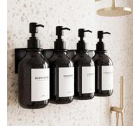 Dispensador de jabón para pared sin taladrar, juego de 4 unidades, 500 ml, negro mate, dispensador de champú para ducha con embudo y etiquetas impermeables tridimensionales para cocina y baño