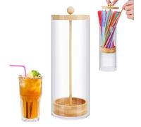 Dispensador De Paja - Soporte Acrílico Transparente De 27x8cm Con Tapa De Bambú | 250 G De Organizador De Mostrador Impermeable | Contenedor Retro Para La Cafetería Coffee Shop Hall | Almacenamiento P