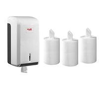 Dispensador de Papel secamanos y 3 Rollos de Papel secamanos minimecha de 2 Capas Liso con precorte y de 100% Pasta Virgen de celulosa. Especial para comercios, oficinas y Empresas