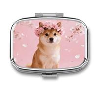 Dispensador de pastillas Shiba Inu con Sakura y espejo, 2 compartimentos, impermeable, para bolso, con agarre antideslizante, organizador de medicamentos de viaje, contenedor para vitaminas, aceite d