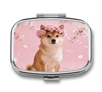 Dispensador de pastillas Shiba Inu con Sakura y espejo, 2 compartimentos, impermeable, para bolso, con agarre antideslizante, organizador de medicamentos de viaje, contenedor para vitaminas, aceite d
