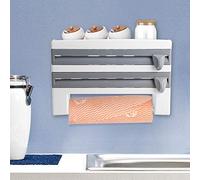 Dispensador de Rollos de Cocina con Cortador de Film y Especiero, para Papel de Aluminio, Film Transparente y Toalla de Cocina, 39 x 10 x 24 cm, Gris-Azul