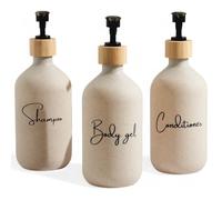 Dispensador jabon baño 500ml Beige con Detalle de bambú - Set de 3 Botes para Gel y champu acondicionador - Dosificador jabon baño Elegante y Funcional para Mantener la Ducha ordenada y Decorada