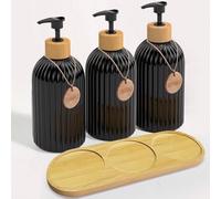 Dispensador Jabon Baño | Set de 3 Botes para Gel Champu y Acondicionador 500ML con 3 Colgantes de bambú | Dosificador Jabon Baño es Elegante y Realzará el Estilo de tu hogar (Negro y Tabla de bambú)
