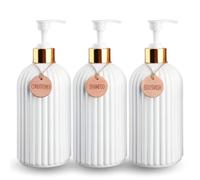 Dispensador Jabon Baño | Set de 3 Botes para Gel Champu y Acondicionador 500ML con 3 Colgantes de bambú | Este Dosificador Jabon Baño Blanco con toques Dorados realzará el Estilo de tu hogar