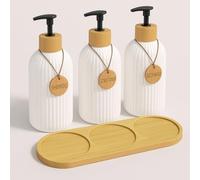 Dispensador Jabon Baño | Set de 3 Botes para Gel Champu y Acondicionador 500ML con 3 Colgantes de bambú | Dosificador Jabon Baño es Elegante y Realzará el Estilo de tu hogar (Blanco y Tabla bambú)