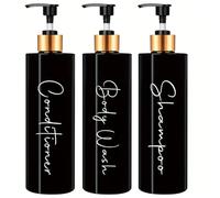 Dispensador Jabon Baño | Set de 3 Botes para Gel Champu y Acondicionador 500ML con Detalles de bambú | Este Dosificador Jabon Baño es Elegante y Realzará el Estilo de tu hogar (Negro Cuello Dorado)