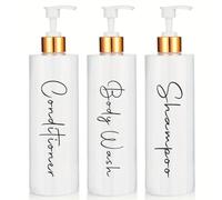 Dispensador Jabon Baño | Set de 3 Botes para Gel Champu y Acondicionador 500ML con Detalles de bambú | Este Dosificador Jabon Baño es Elegante y Realzará el Estilo de tu hogar (Blanco Cuello Dorado)