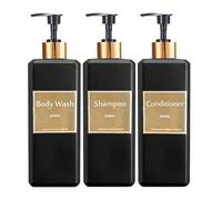 Dispensador Jabon Baño | Set de 3 Botes para Gel Champu y Acondicionador 500ML con Pegatinas | Este Dosificador Jabon Baño es Elegante y Realzará el Estilo de tu hogar (Negro y Dorado)