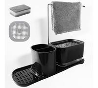 Dispensador Jabon Cocina, Dosificador jabon Cocina, Organizador Fregadero Cocina, Dispensador de lavavajillas recagable, con Soporte de Bayeta, Porta Estropajo, Incluye Estropajo y colador (Negra)
