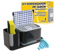 Dispensador Jabón Cocina Negro, Organizador de Cocina para Fregadero con Soporte para Cepillo, Estropajero, Jabonera y Dosificador Jabon Cocina, Accesorios Fregadero con Embudo - 1 Pieza