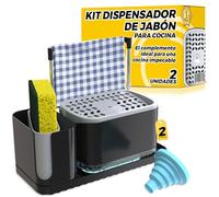 Dispensador Jabón Cocina Negro, Organizador de Cocina para Fregadero con Soporte para Cepillo, Estropajero, Jabonera y Dosificador Jabon Cocina, Accesorios Fregadero con Embudo - 2 Piezas
