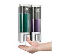 Dispensador manual de jabón para manos montado en la pared, bomba dispensadora de jabón de mano, 2x200 ml, caja de champú de cámara, contenedor de gel de ducha, para inodoro, 5x6.2 cm, color plateado