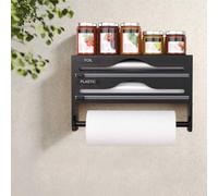 Dispensador Papel Aluminio y Film con Portarrollos Papel Cocina y Estante para Especias, Porta Rollos de Papel Cocina de Bambú, Organizador Papel Aluminio y Film de 30cm de Largo