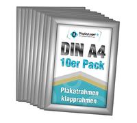 DisplayLager, Calidad danesa - Paquete de ahorro de 10 unidades, color plateado, DIN A4, marco plegable con perfil de aluminio de 25 mm, disco protector antirreflectante, material de fijación