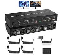 Displayport + HDMI KVM Switch 2 Monitores 4 Ordenadores, 4K@60Hz Dual Monitor KVM Switch 4 Puertos con Salida de Audio Micrófono y 3 Puertos USB, HDMI+DP Monitor Switch para 4 PCs 2 Monitores